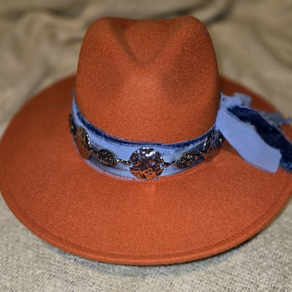 Custom Stylish Orange Wide Brim Fedora with Blue Band And Metal Silver Accent